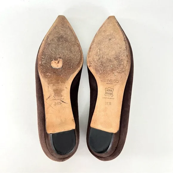 JIMMY CHOO Brown Suede w Leather Accent Close Pointy Toe Slip On Flats Sz 39 1/2